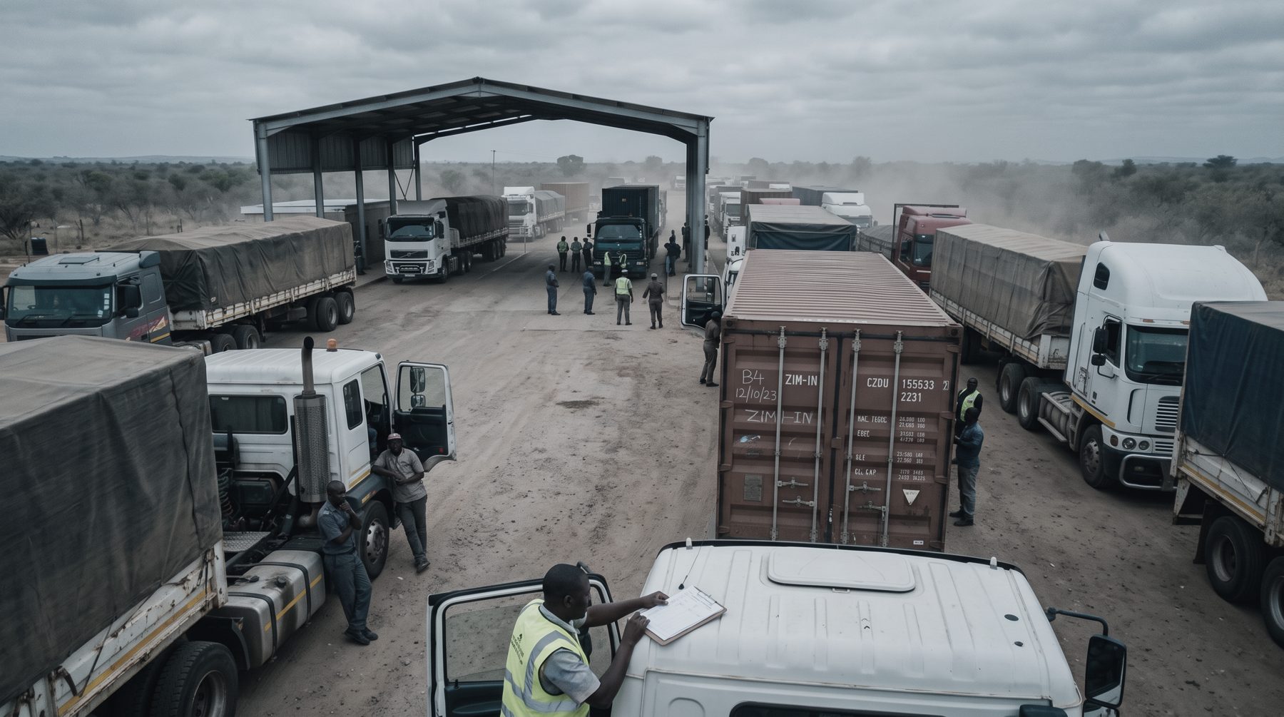 Trucks queued at a border post inspection bay, seen from above, with a container being checked