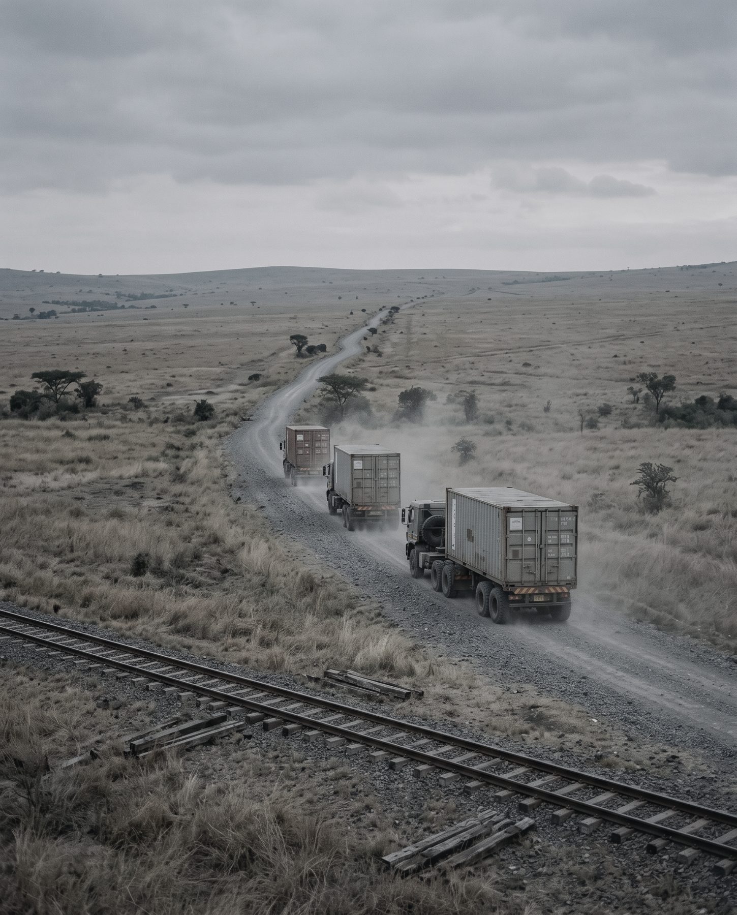 A convoy of three container trucks on a gravel road through open savannah, a rail line crossing the foreground