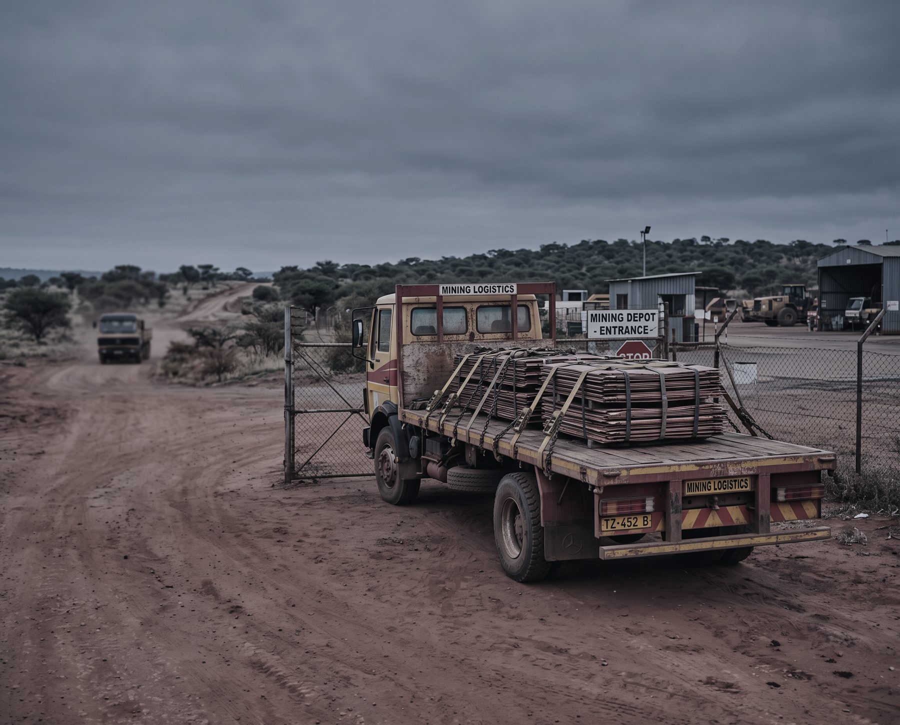 A flatbed truck loaded with strapped copper cathode bundles waits at a mining depot gate under an overcast sky